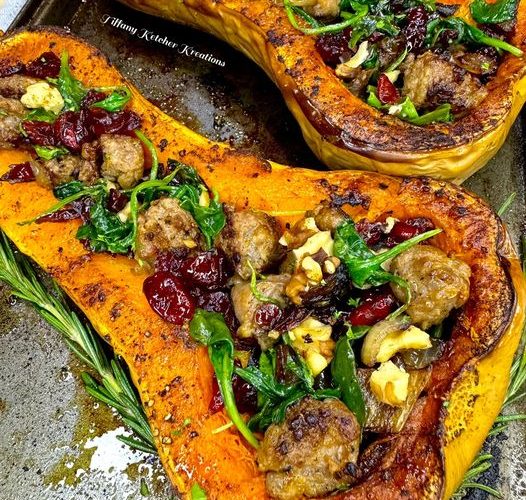 Butternut squash boats with Italian sausage, cranberry, spinach, sweet ...